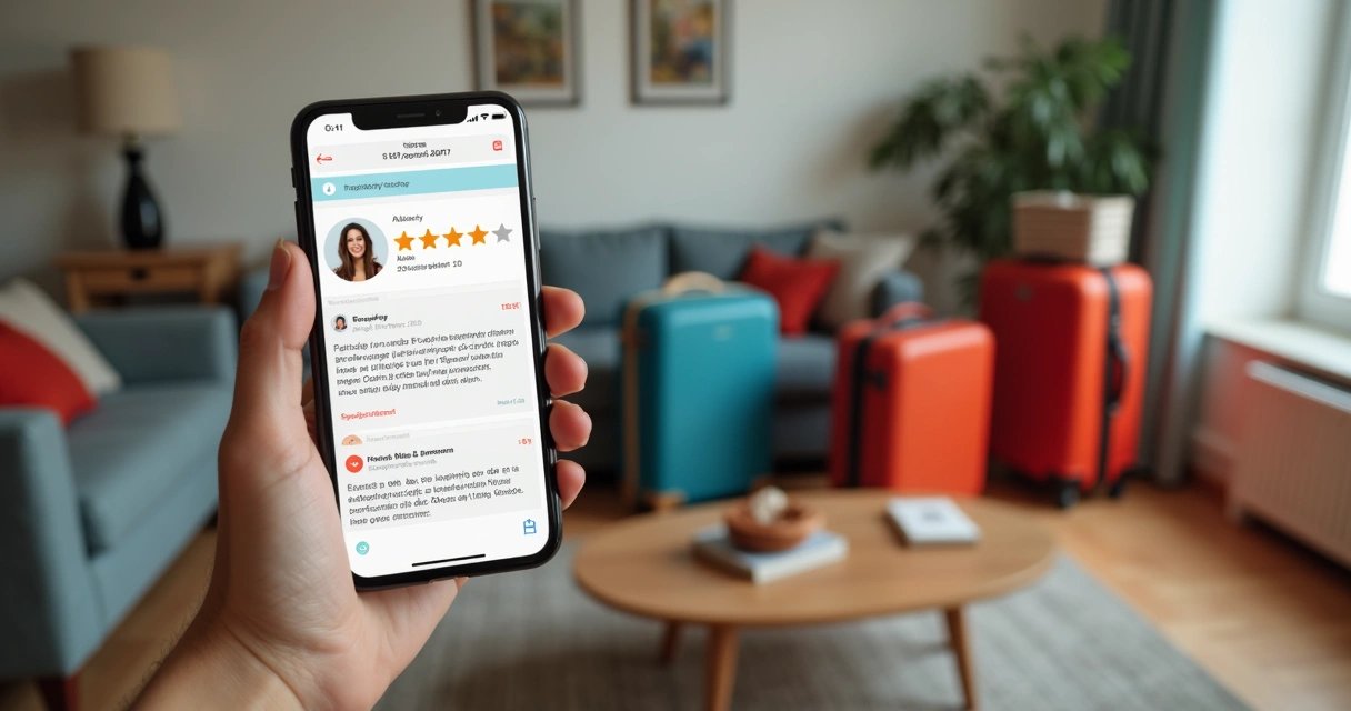 Mão segurando celular mostrando avaliação positiva de hóspede no Airbnb 