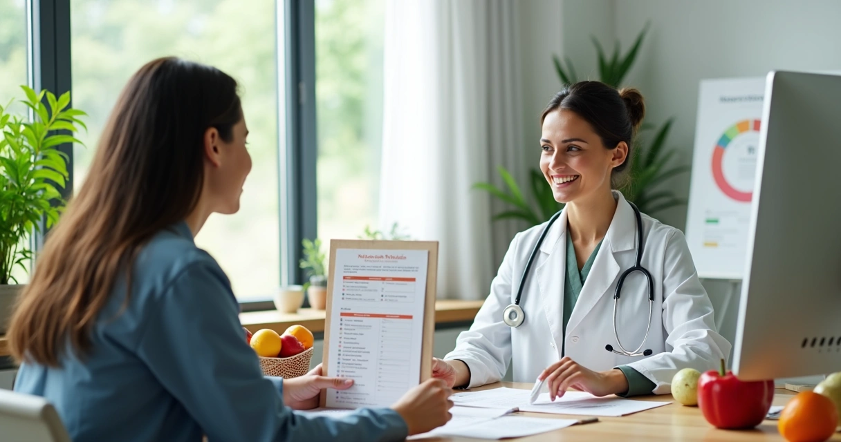 Nutricionista revisando consumo alimentar com paciente em consulta
