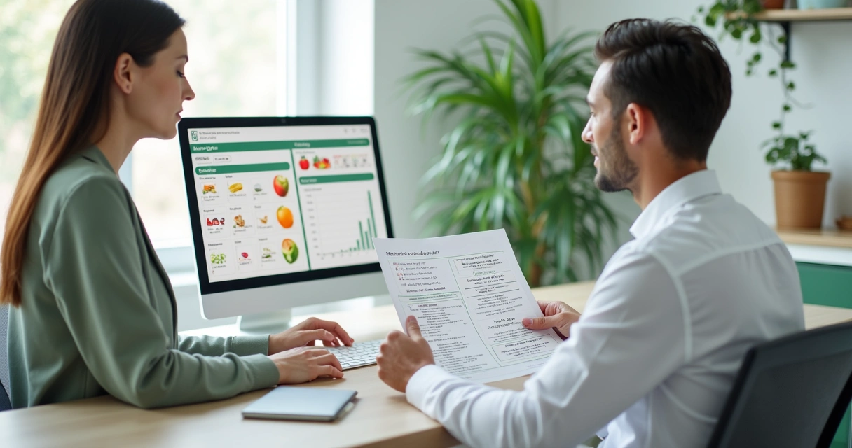 Nutricionista analisando plano alimentar com paciente em seu consultório