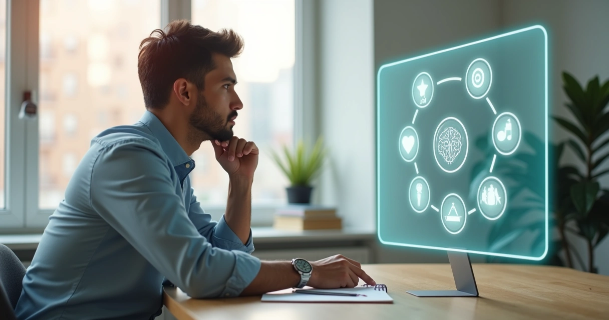 Pessoa refletindo diante de sete ícones representando perguntas sobre amadurecimento emocional 