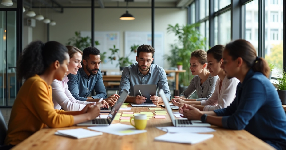 Equipe de trabalho em reunião informal em escritório moderno com expressão de engajamento e cooperação. 