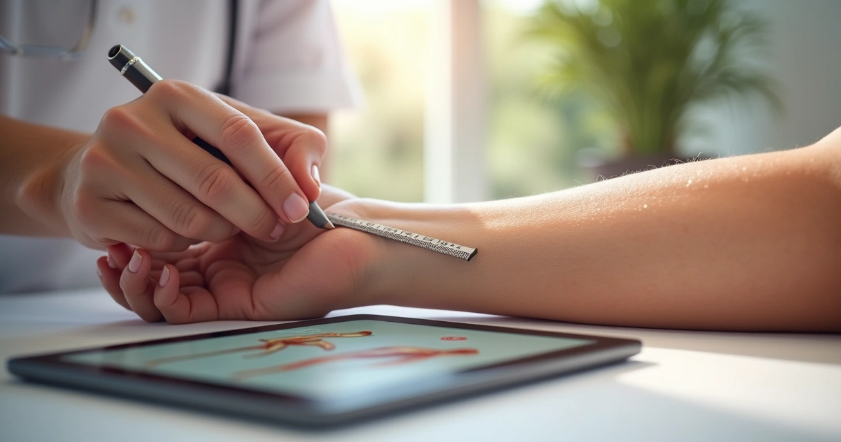 Mão avaliando posição de ponto de acupuntura no braço de paciente 