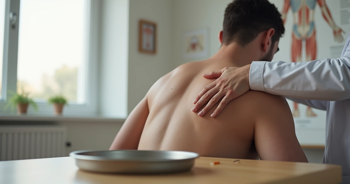 Acupunturista analisando anatomia do ombro antes de inserir agulha fina 