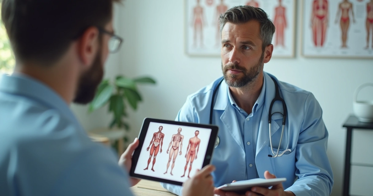 Consulta médica com análise anatômica da região genital masculina 
