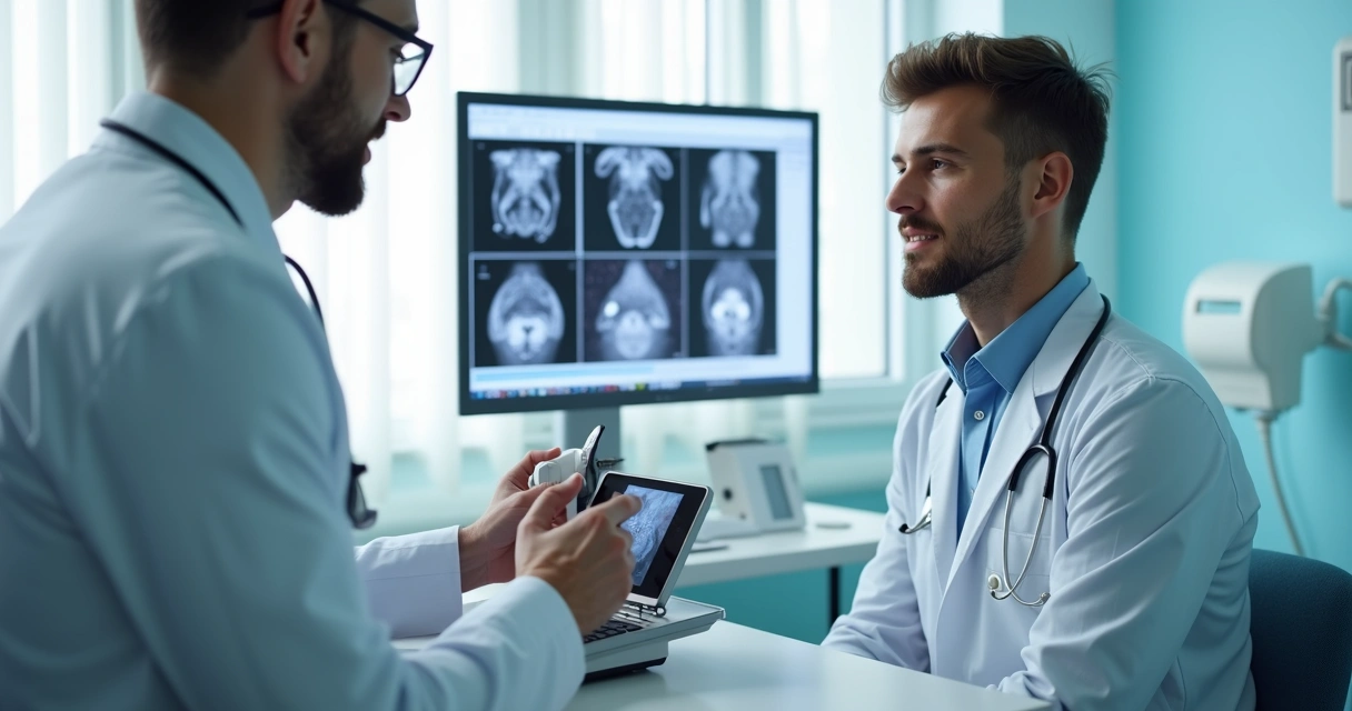 Paciente em exame andrológico com médico, ambos atentos, equipamentos modernos ao fundo 