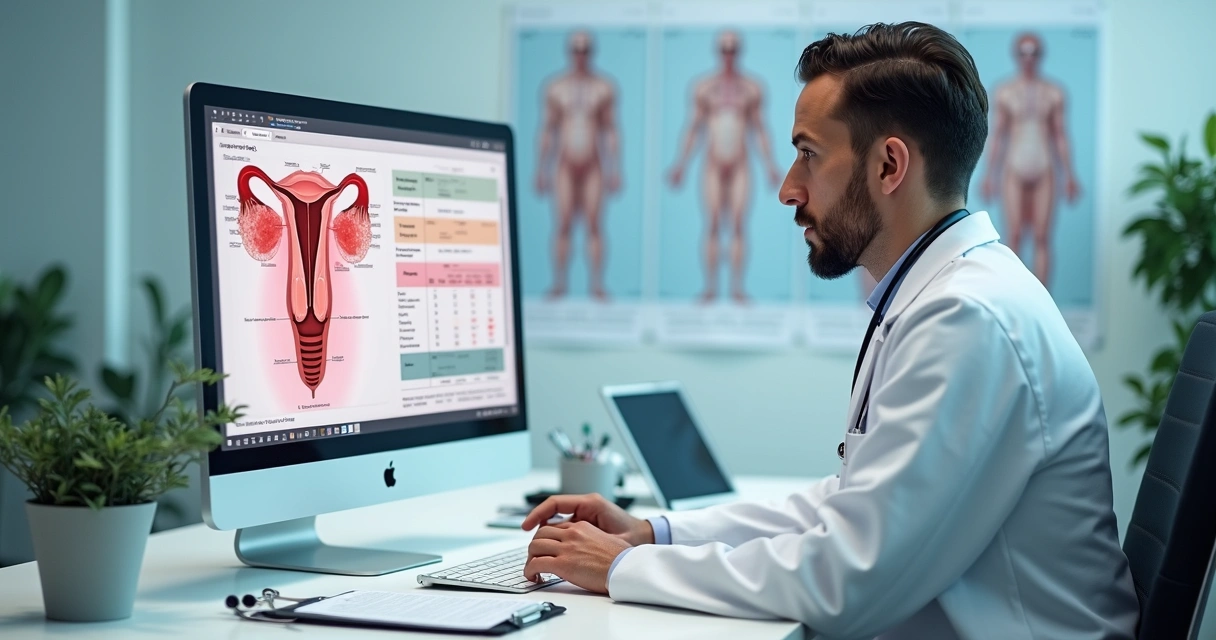 Médico avaliando exame andrológico com ilustrações de testículos e protocolo internacional em tela 