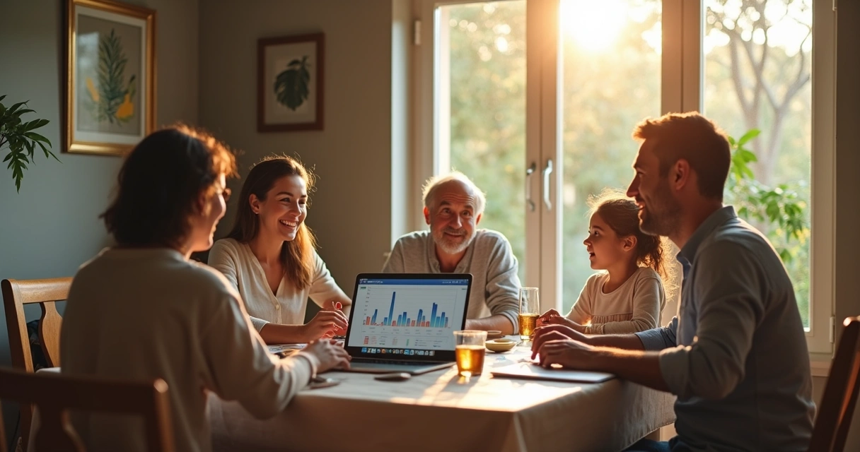 Família avaliando orçamento para energia solar juntos 
