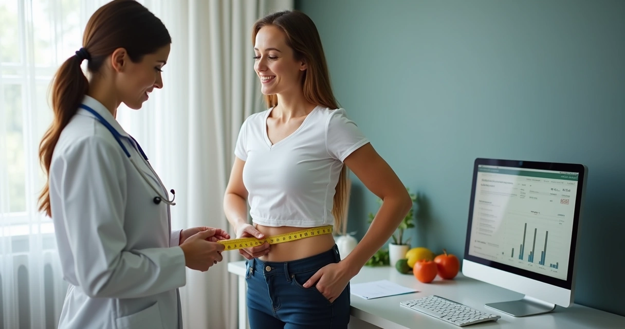 Nutricionista avaliando paciente adulto com fita métrica na cintura 