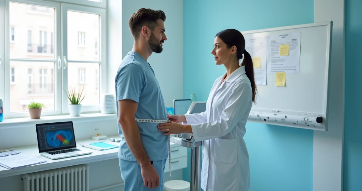 Nutricionista realizando avaliação antropométrica em consultório 