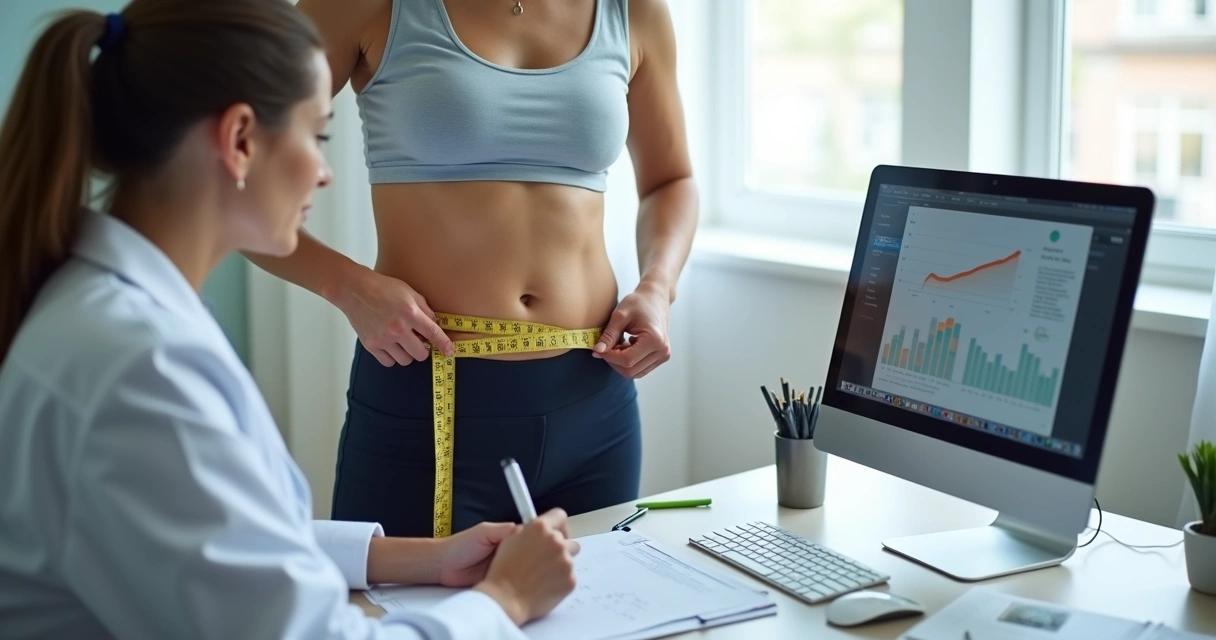 Nutricionista realizando avaliação antropométrica em paciente em consultório, com fita métrica e formulário, computador ligado ao lado 