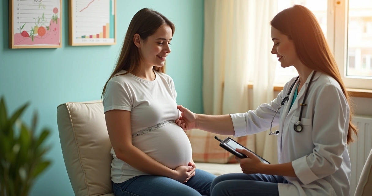 Nutricionista avaliando adolescente grávida em consultório moderno 