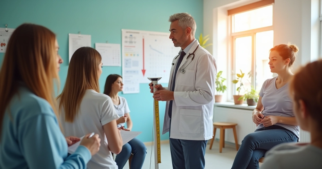 Nutricionista fazendo avaliação antropométrica em grupo de pacientes 