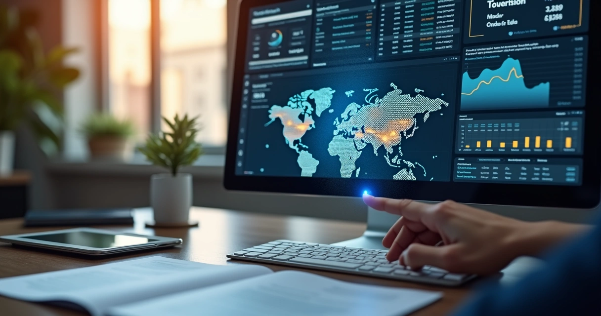 Tela de computador exibindo gráficos financeiros, ao lado de documentos, com uma mão interagindo com dados virtuais