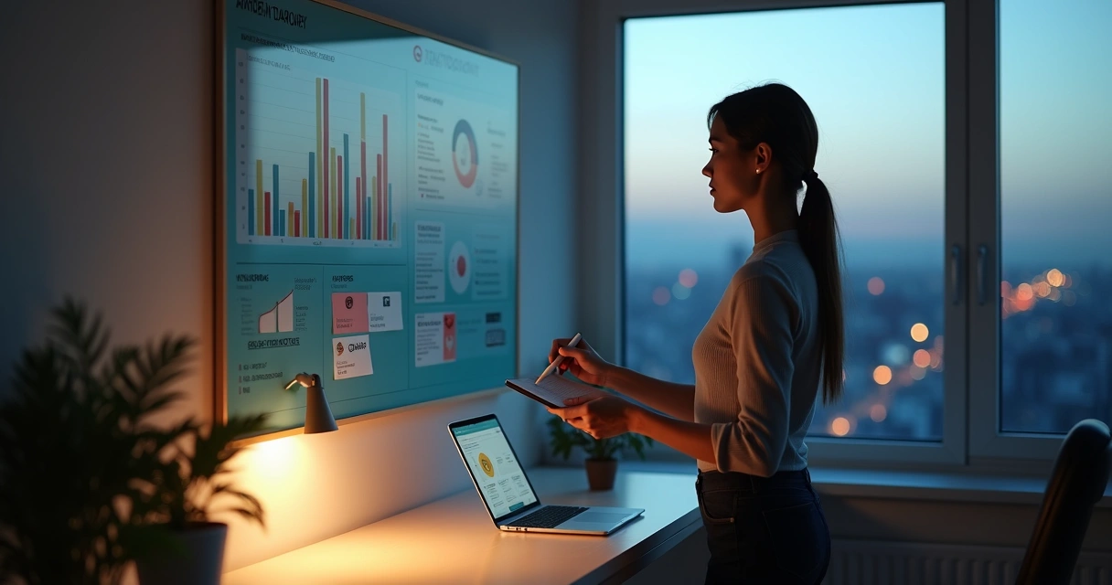 Pessoa analisando painel de autocoaching com gráficos e anotações coloridas 