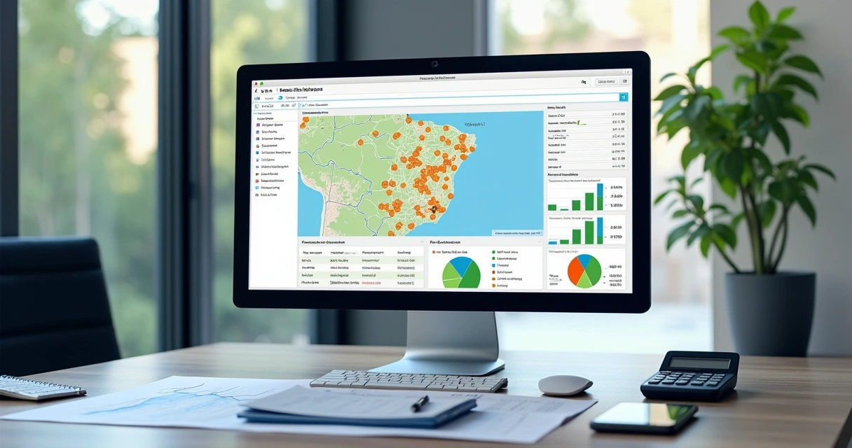 Painel digital comparando preços de imóveis no mapa 