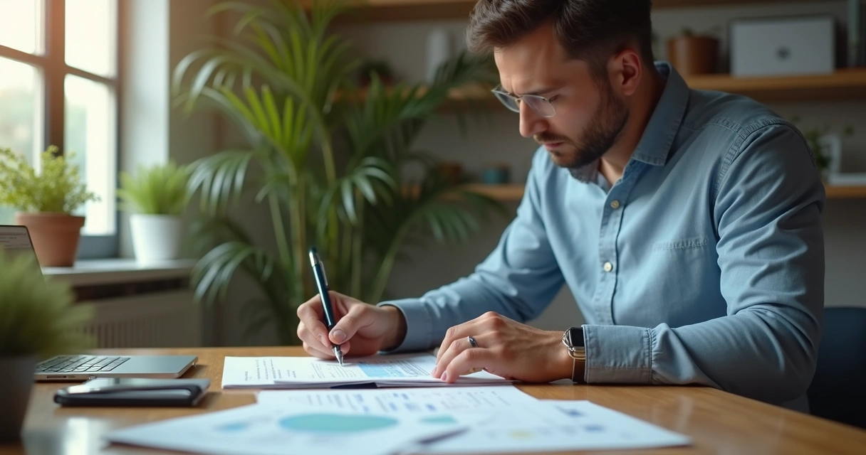 Avaliação bancária de imóvel com banco e corretor analisando documentos e planta 