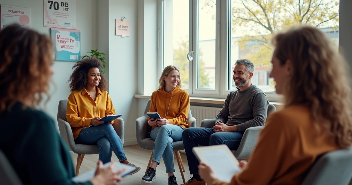 Equipes sentadas em círculo em sala de reunião, sorrindo e conversando 