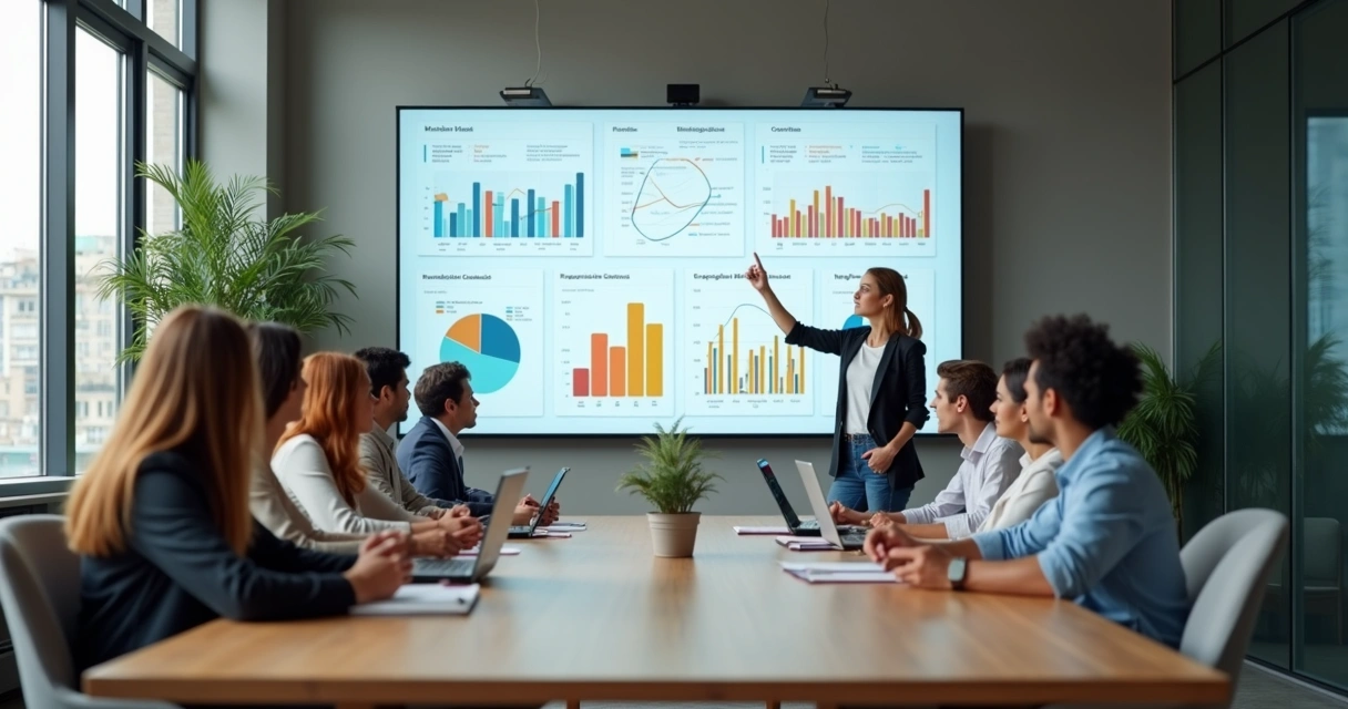 Equipe diversa em reunião avaliando bem-estar organizacional com painel de indicadores humanos 