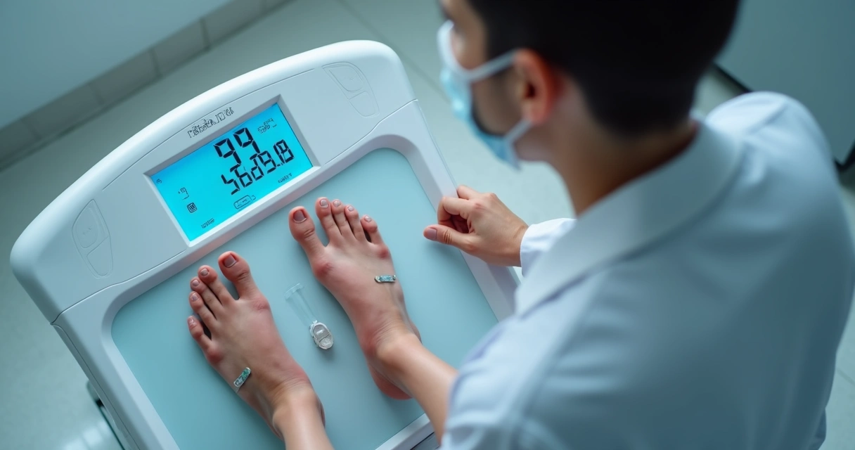 Paciente em clínica realizando exame de bioimpedância com eletrodos nos pés e mãos 