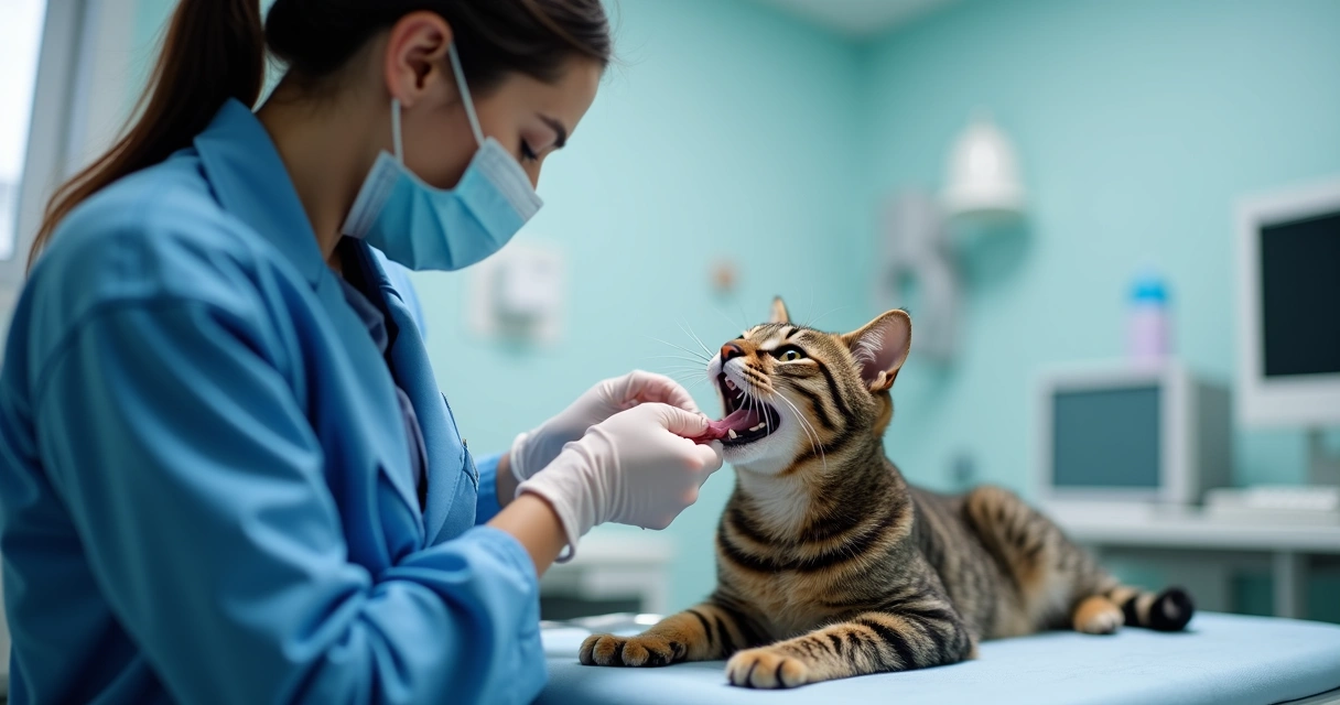 Veterinário avaliando dentes de um gato adulto em consultório