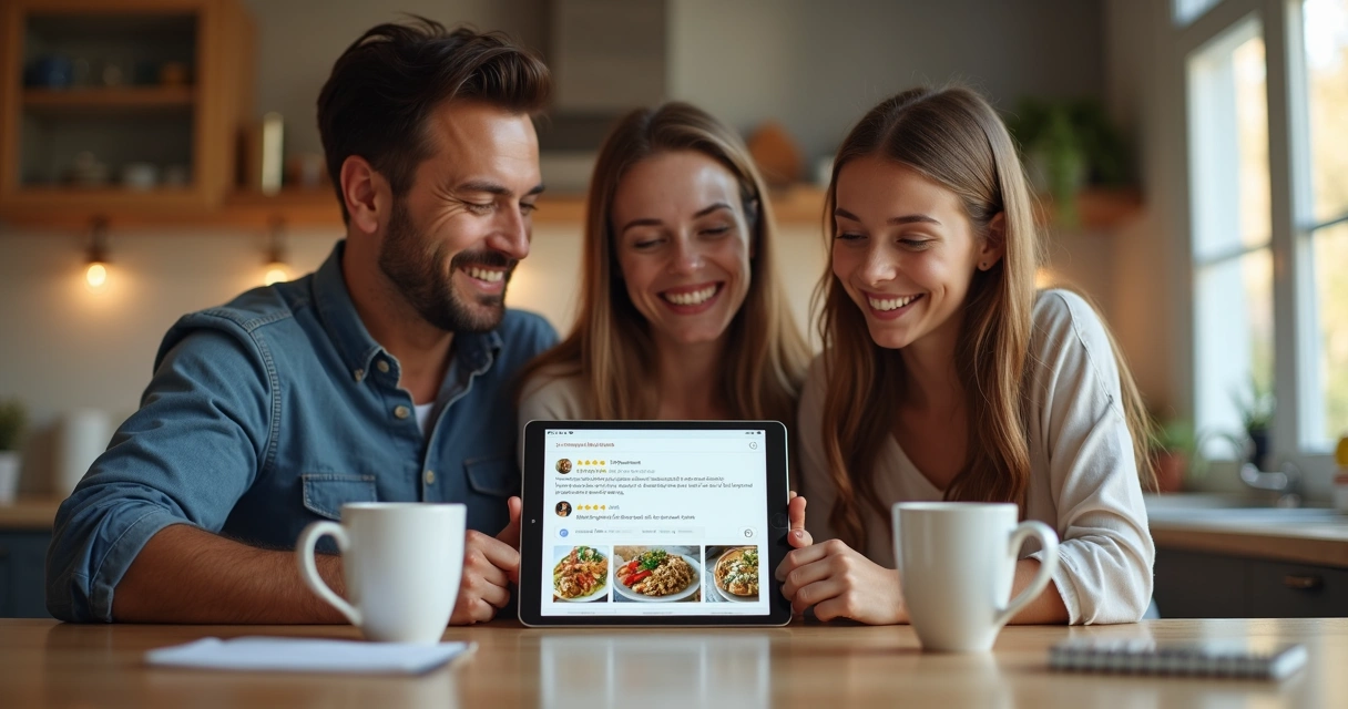 Família olhando avaliação do buffet em tablet 