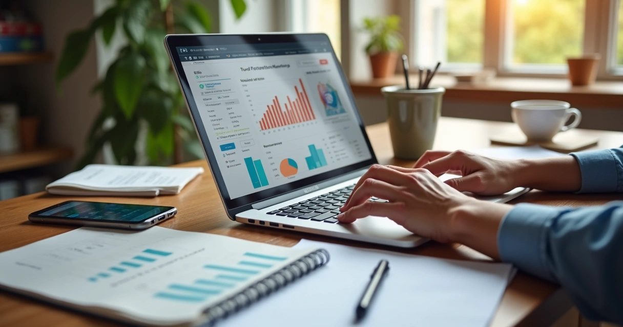 Pessoa avaliando dados de engajamento de influenciadores em um notebook 