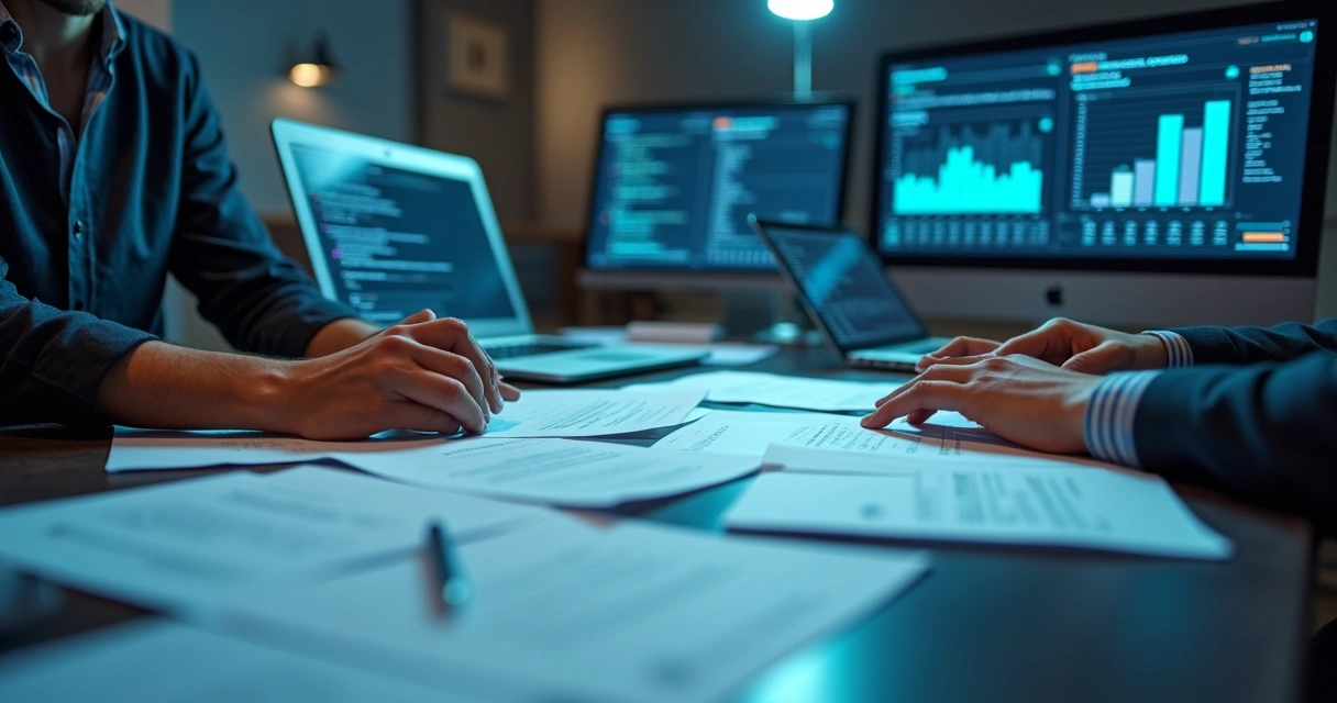Recrutadores analisando currículos de tecnologia na mesa, gráficos e computadores ao redor 