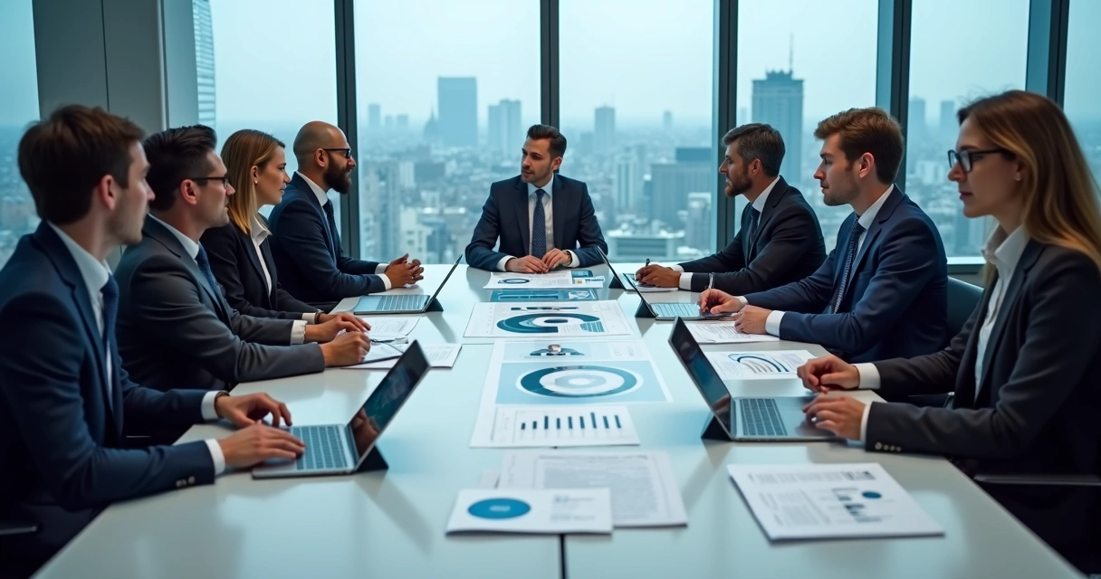 Executivos de diferentes origens reunidos analisando documentos de avaliação de talentos