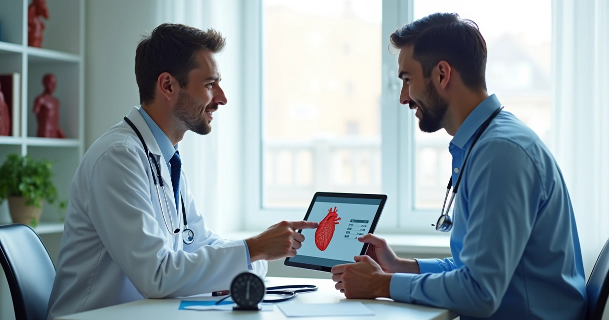 Médico mostrando exame cardíaco ao paciente em consultório