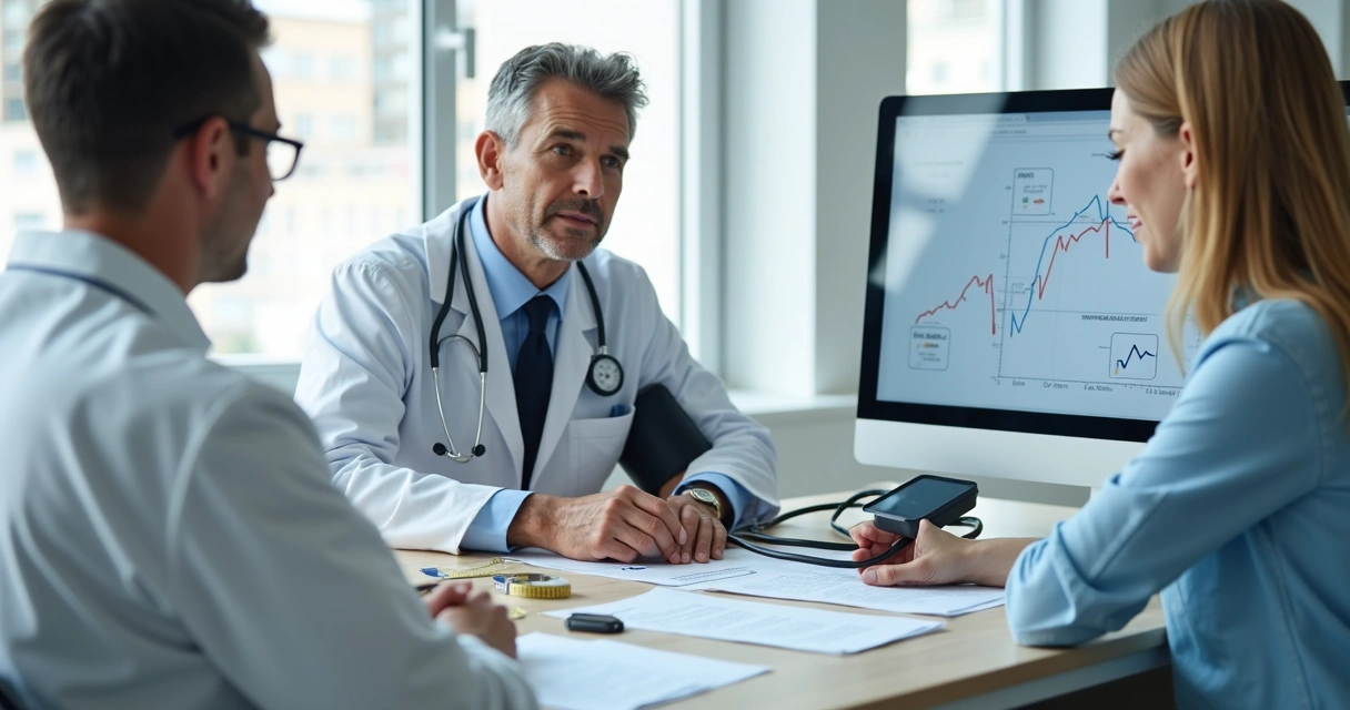 Profissional de saúde avaliando pressão e exames cardiometabólicos 