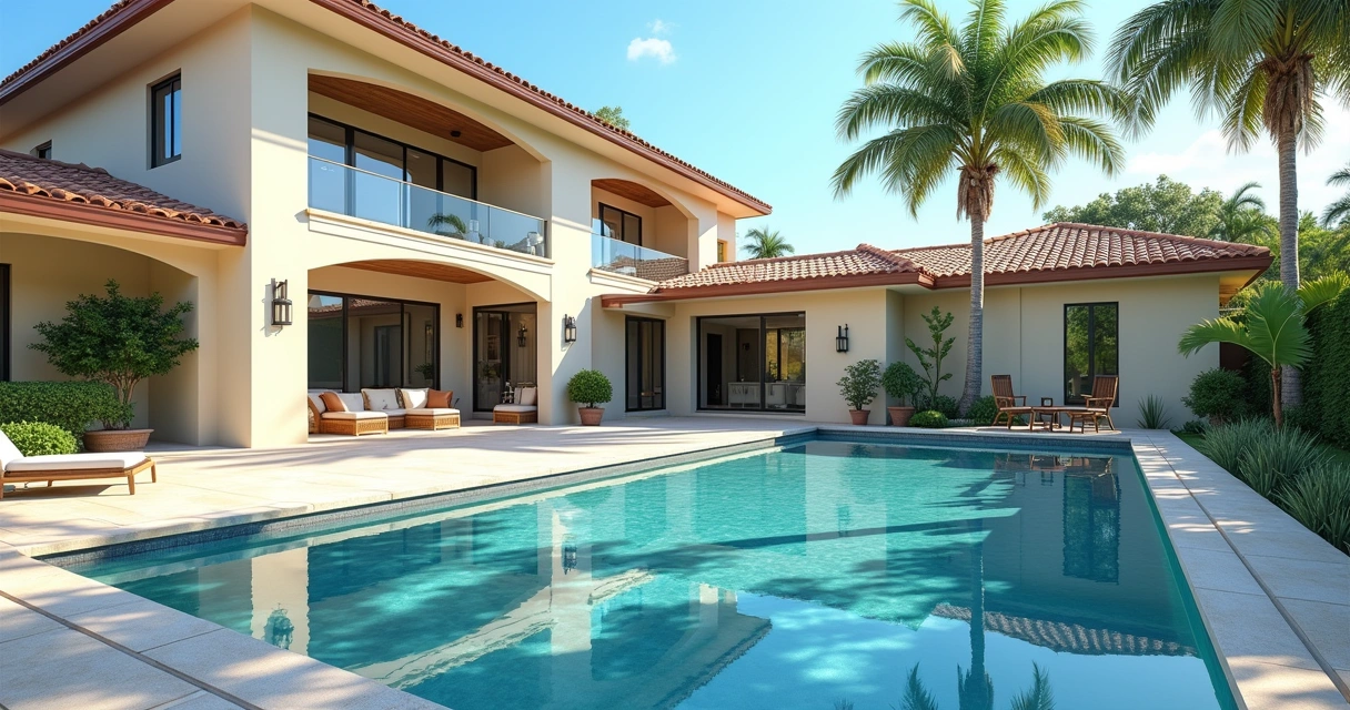 Photo of the exterior of a house in Orlando, with a pool in the background and an elegant outdoor area. 