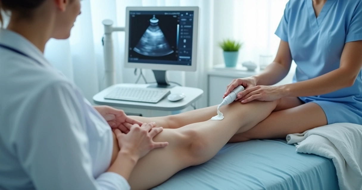 Médico avaliando circulação das pernas com ultrassom vascular