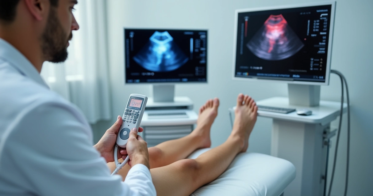 Profissional avaliando circulação nas pernas com ultrassom 