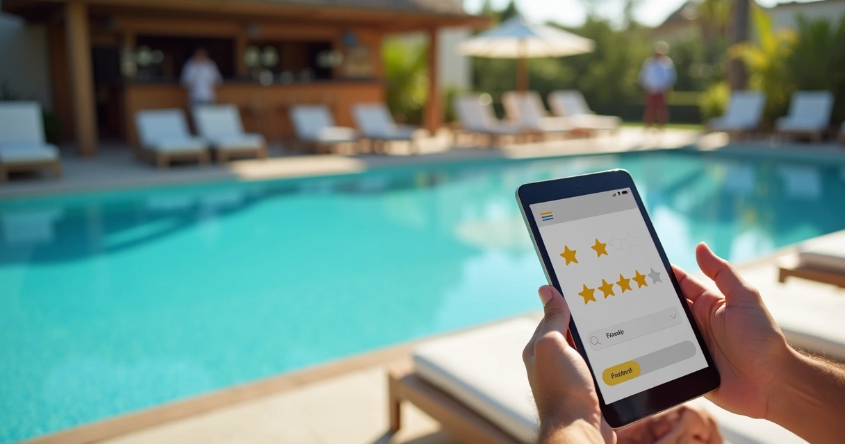 Avaliação digital de cliente sobre a piscina em clube de lazer 