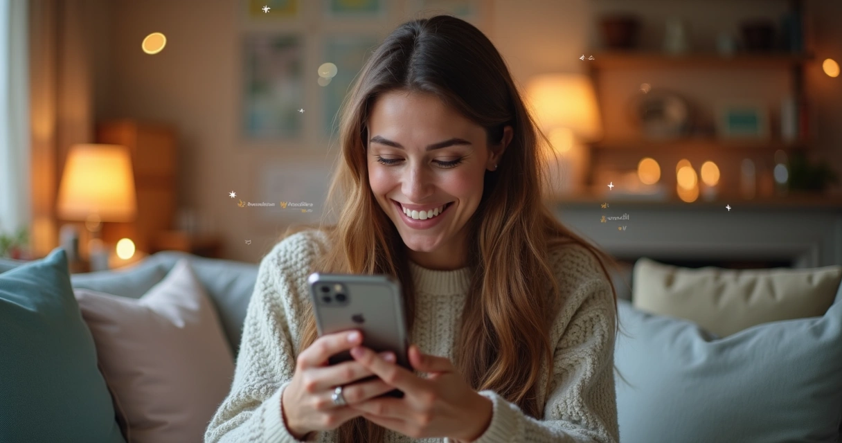 Mulher sorrindo olhando para celular com comentários positivos em tela 