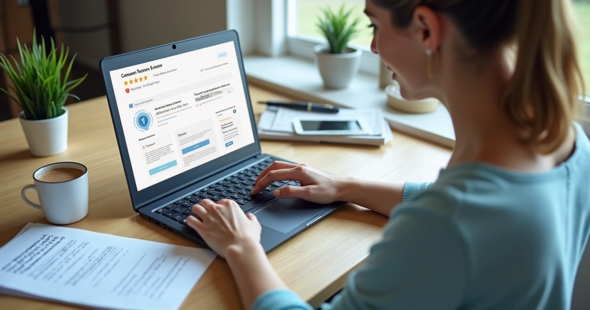 Pessoa usando notebook pesquisando avaliações de lojas online 