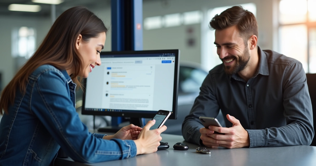 Cliente deixando avaliação no balcão de oficina mecânica usando smartphone 