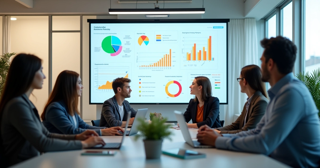 Avaliação de clima organizacional com pessoas analisando gráficos em telas 