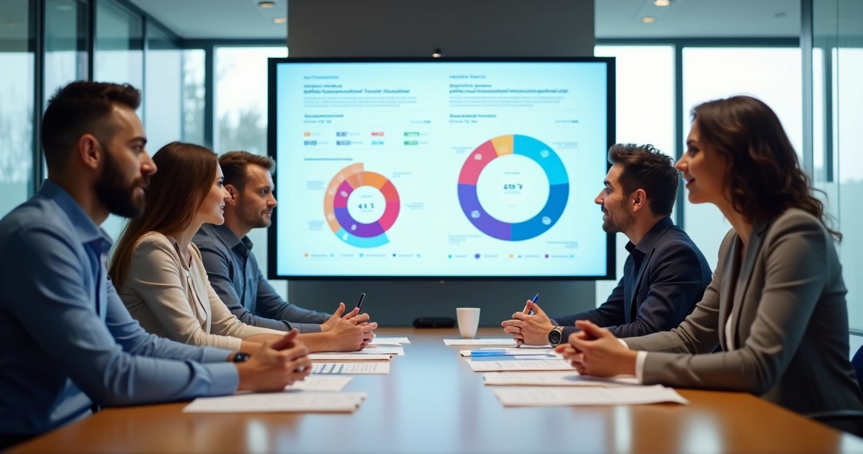 Equipe analisando clima organizacional em sala de reunião