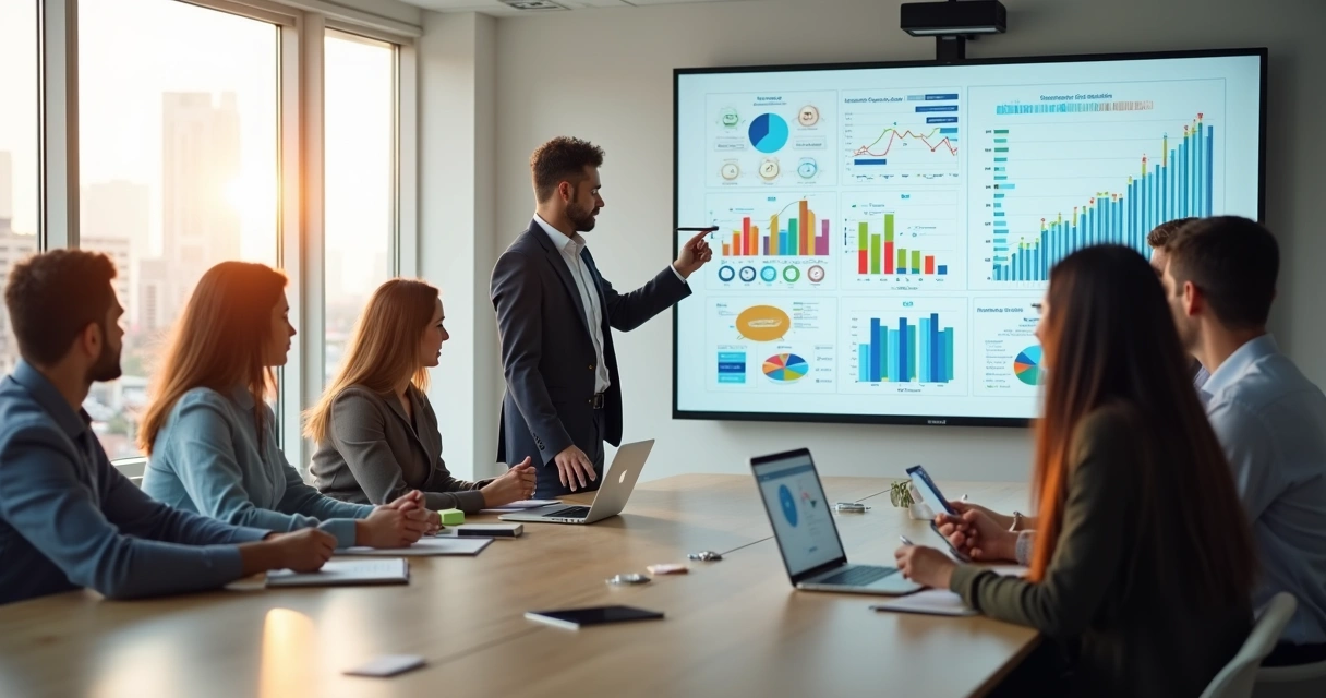 Equipe em reunião avaliando clima organizacional com gráficos em tela 