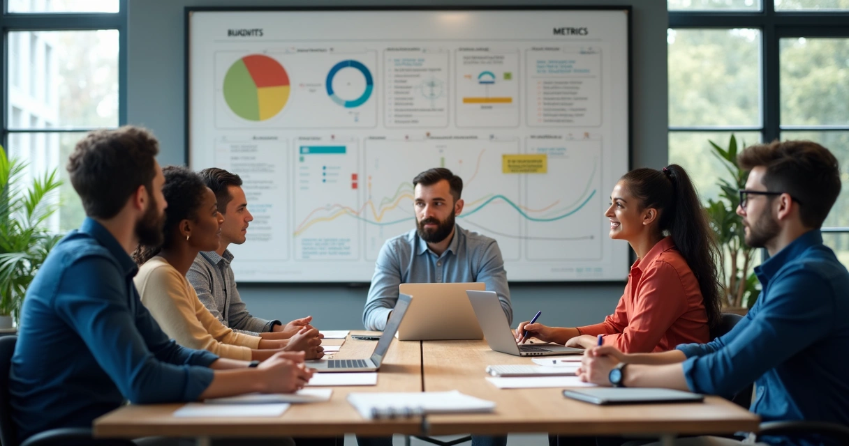Pessoas em reunião, debatendo métricas humanas, anotações em quadro e expressões atentas.