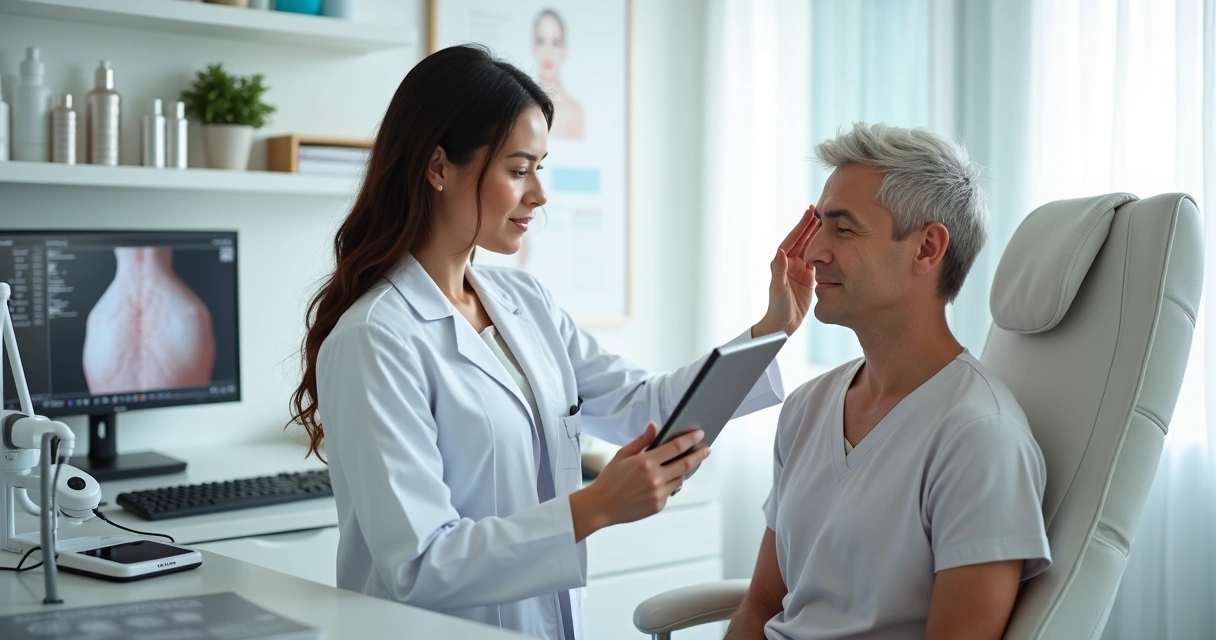 Profissional de estética realizando avaliação clínica detalhada da pele em paciente em consultório moderno 