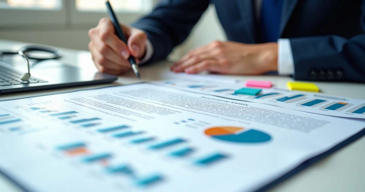 Profissional analisando gráficos financeiros e contrato de compra em mesa branca. 