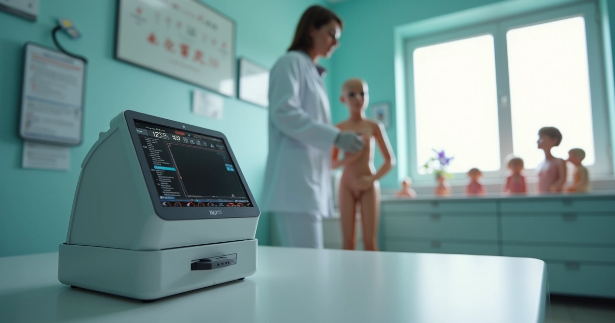 Exame clínico com orquidômetro em consultório pediátrico