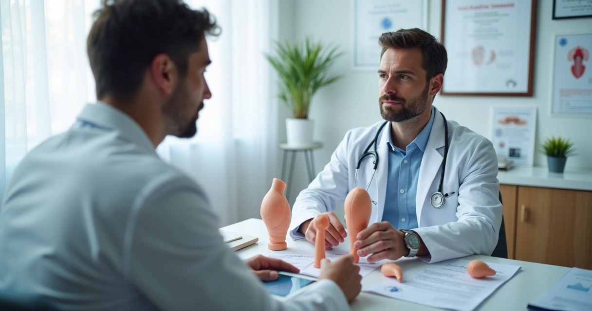 Urologista em consultório explicando próteses penianas para paciente