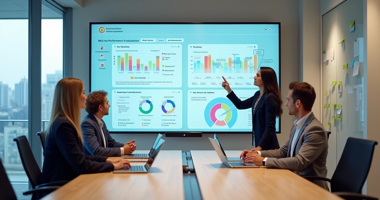Equipe de RH analisa avaliação de colaboradores em painel digital com gráficos 