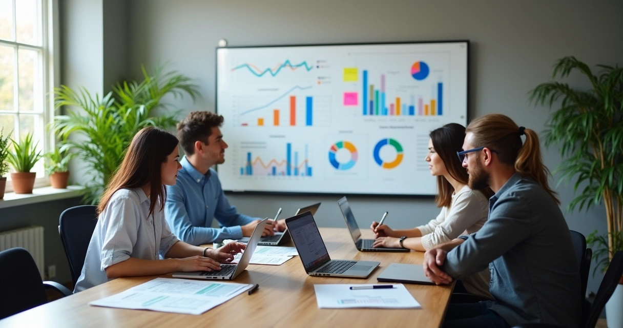 Equipe analisando desempenho em reunião colaborativa 