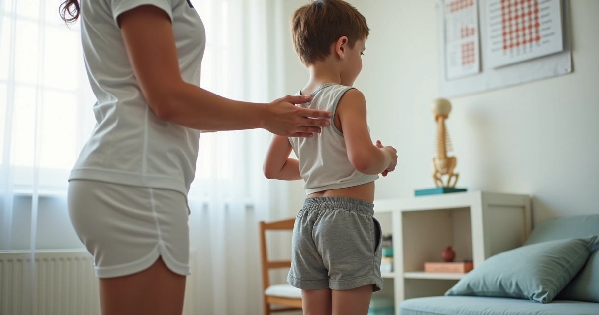 Fisioterapeuta observando alinhamento da coluna de uma criança em consultório 