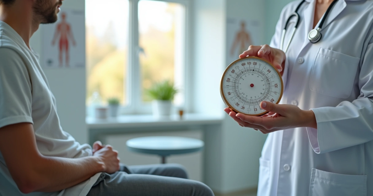 Médico segurando orquidômetro ao lado do paciente em consultório