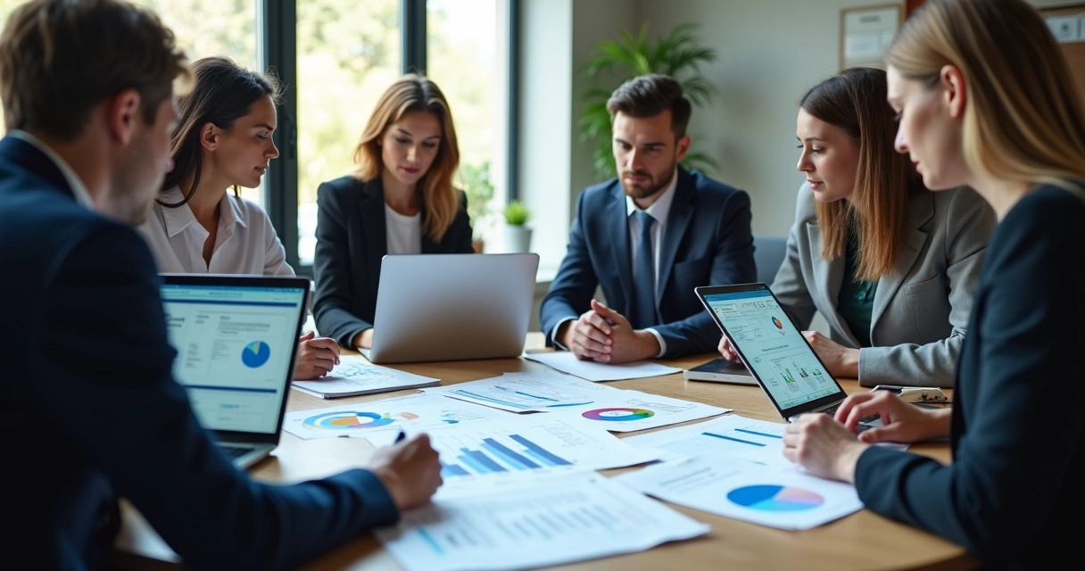 Profissionais analisando relatórios de competências e gráficos de desempenho juntos 